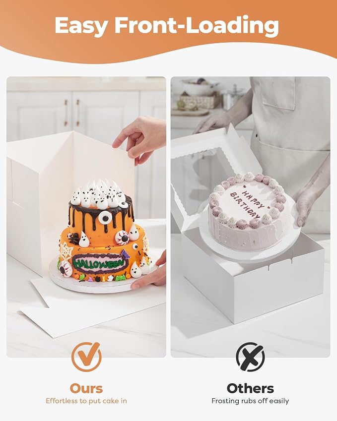 Kootek Cake Box with Board Drum, 8x8x8 Inches Tall Bakery Box with Window, Disposable Cake Container with Lid for Cake, Treat Cookie Dessert, Pastry, Birthday Party, Weddings