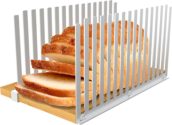 Adjustable Bread Slicer with Suction Cup Base – Perfect for Homemade Sourdough & Sandwich Bread | Portable Bamboo Design for Even Slices, Easy Storage, and Kitchen/Bakery Use