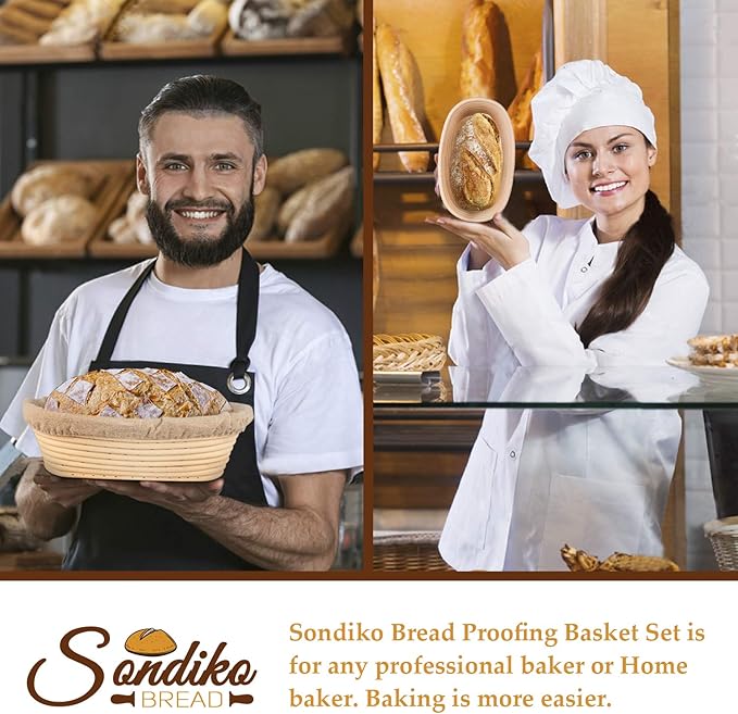 Sondiko Oval Sourdough Proofing Basket, Handmade Sourdough Bread Baking Supplies, Banneton Bread Proofing Basket with Proofing Cloth Liner for Sourdough Bread, Baking(9.6 x 6 x 3 inches)