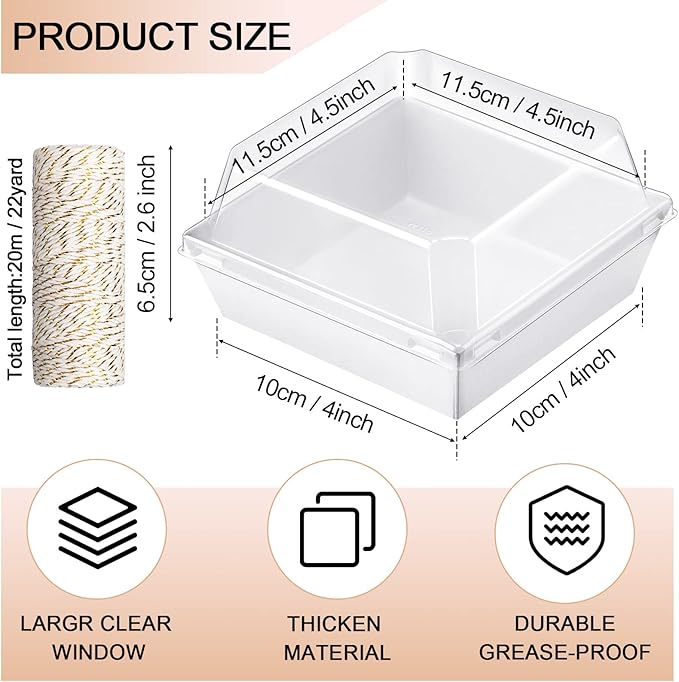 Jetec 200 Pack Charcuterie Boxes with Clear Lids and Rope 4 Inches Cake Disposable Square Dessert Food Box Containers with Lids for Bakery Macaron Cookies Strawberries Fruits Display (White)