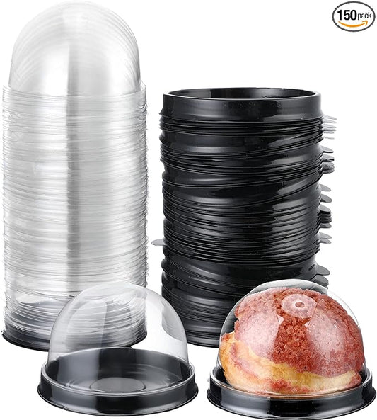 Patelai 150 Pcs Clear Plastic Mini Cupcake Container, Mini Cupcake Box Muffin Dome Muffin Single Container Box for Wedding Birthday Cheese Pastry Dessert Cake (Black)