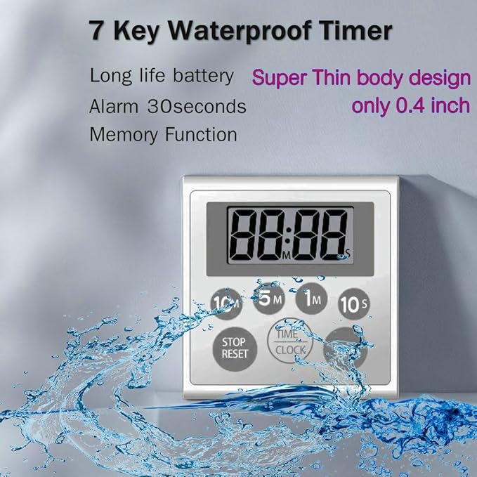 Digital Timer Waterproof Shower Timer Shower Clock Bathroom Kitchen Timer with Strong Magnet and Large LCD Display (Waterproof 7 Key)