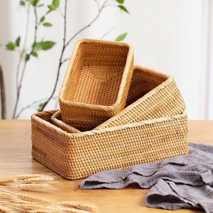 Natural Rattan Storage Baskets, Natural Rattan Fruit Storage Basket Rectangular Woven Wicker Box, Rectangular Woven Fruit Baskets, Wicker Organizer for Bathroom, Living Room (7.8" X 5.1" X 3")
