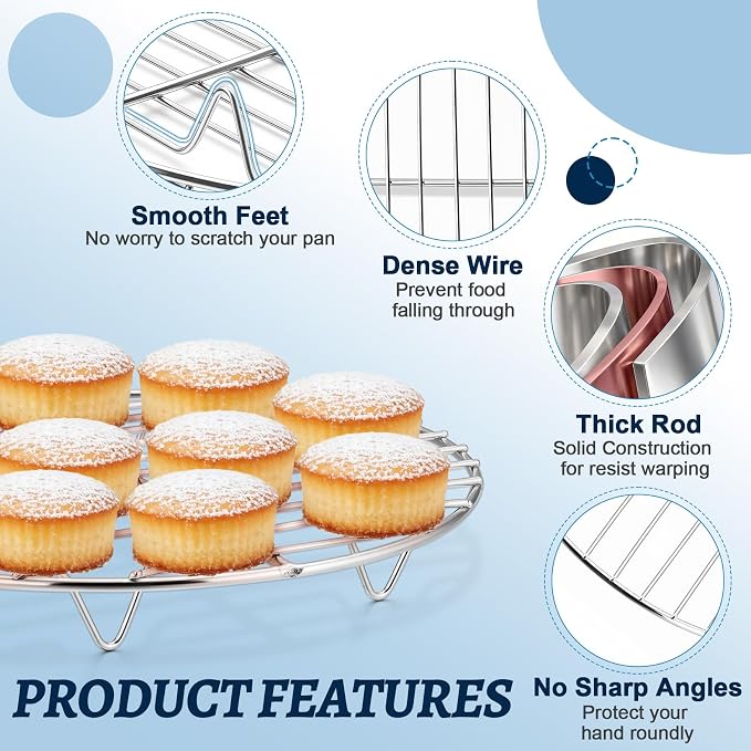 P&P CHEF 10½ Inch Cooking Rack Round, Stainless Steel Round Rack for Cooking Cooling Steaming Baking, Fit Air Fryer Pot Pressure Cooker, 2 Pack -Oven Safe, Silver