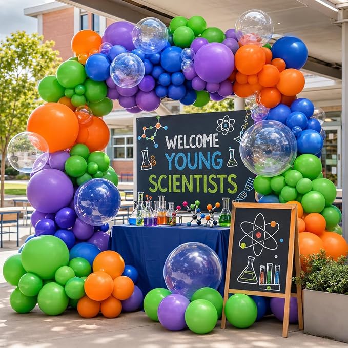Science Balloon Arch Kit, 122Pcs Purple Dark Blue Green Orange Transparent Colorful Balloons for Boys Science Birthday Party Lab Scientist Lab Classroom Decorations