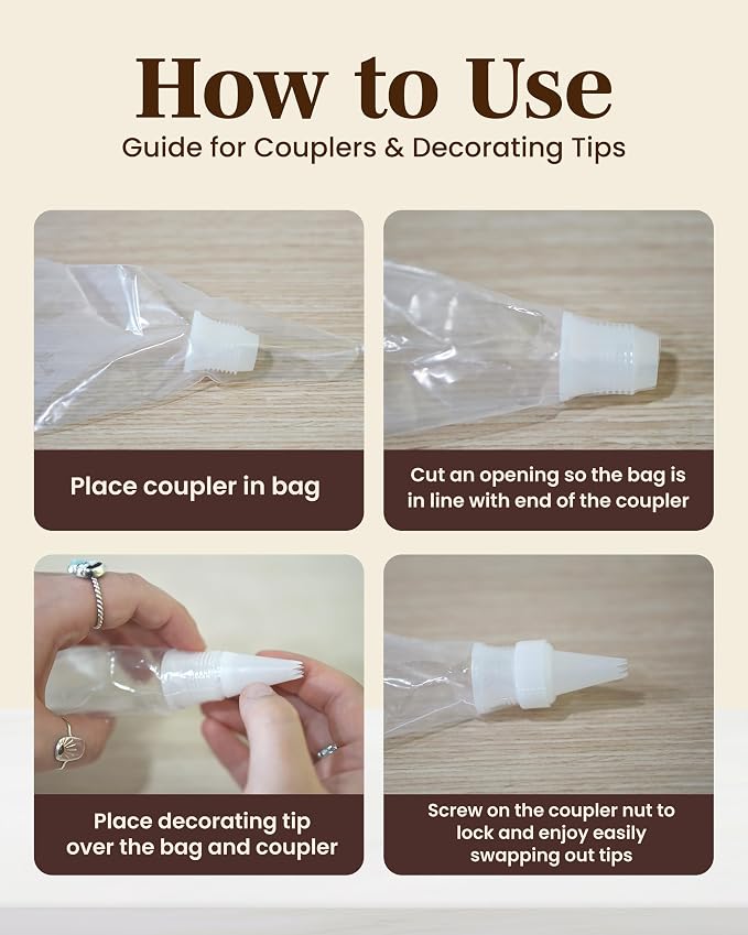 Reusable Plastic Piping Tips Standard Size Star Tip #32 100 Pack with 2 Couplers Icing Nozzles for Cake Decoration Dessert Design Baking Supplies and Piping Bags Base Ø 0.75" Height 1.25"
