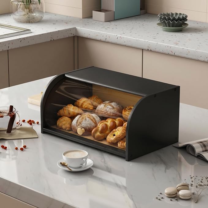 Roll Top Bread Container for Kitchen Countertop, Bamboo Bread Box with Clear Lid, Bread Container Storage（Black without cutting board）