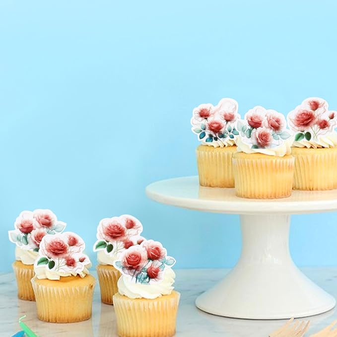 40Pcs Edible Red Rose Cupcake Toppers Roses Blossom Cupcake Picks for Floral Birthday Rose Theme Bridal Shower Proposal Party Engagement Wedding Anniversary Valentine's Day Party Decorations