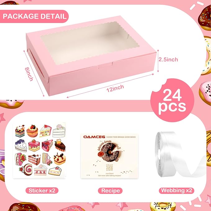 OAMCEG 24 Pack Cookie Boxes with Window, 12x8x2.5 Inch Bakery Treat Boxes for Christmas Holiday Gift Giving, Desserts, Donuts, Pastries-Pink