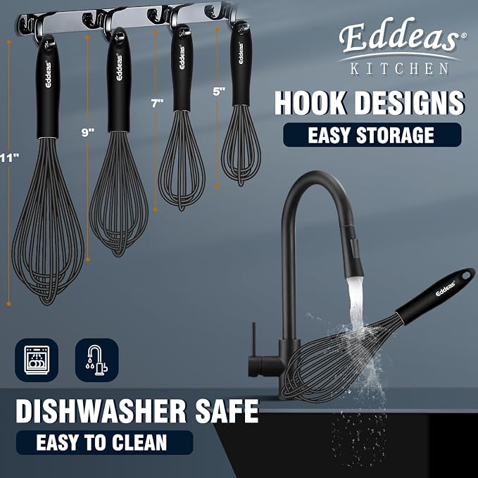 Eddeas Silicone Whisk - Non Scratch Whisks for Cooking, 500°F Heat Resistant Siliocne Wisk tool, Heavy Duty Kitchen Whisks, for Blending, Beating, set of 4 (5+7+9+11 inch) Black
