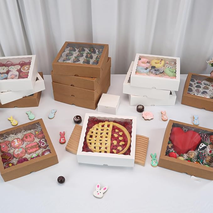 TEMLQPACK 25pcs 9x9x2.5 Inches Brown Bakery Boxes with Window for Cookies, Macaron, Chocolate Covered Strawberries, Mini Cake, Truffle, Brownie, Donut, Small Treat