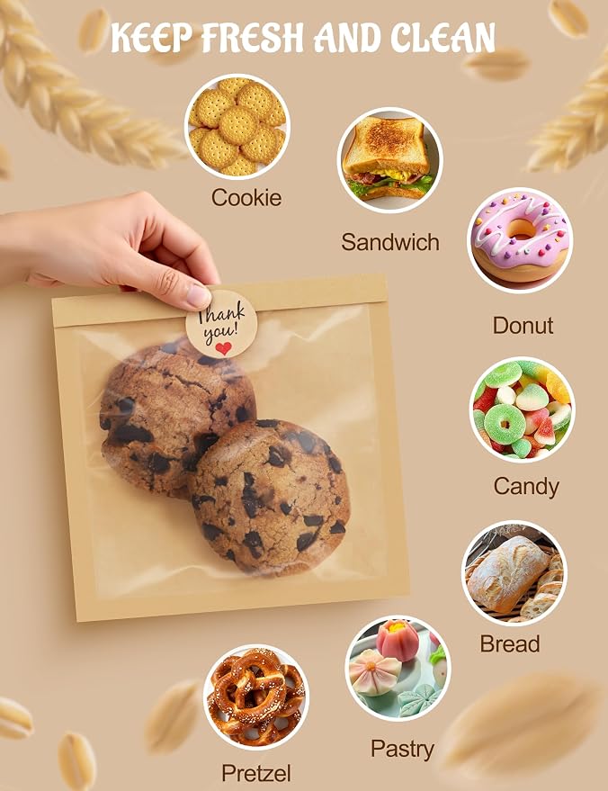 FireKylin 100 Pack Cookie Bags with Heat Sealing, 7.1 x 7.5 Inch Bakery Bags with Window, Grease Resistant Cookie Packing for Treats, Baked Goods, Bagel, Cake Slice, Sandwich (7.1"x7.5"-100pcs)