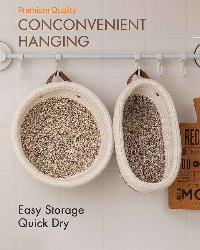 Crispier Crust Cotton Rope Banneton Bread Proofing Basket Set, Oval & Round Bread Baskets with Liners & Covers for Artisan Bread Baking, Sourdough Bread Baking Supplies(White-Mixed Brown)