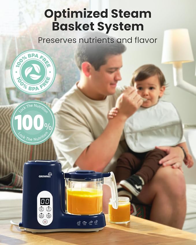 Grownsy Baby Food Maker with Steam Basket, One Step Baby Food Processor Steamer Puree Blender Grinder Mills Machine, Auto Cooking Grinding and Sterili-zing for Healthy Homemade Baby Food, Dark Blue