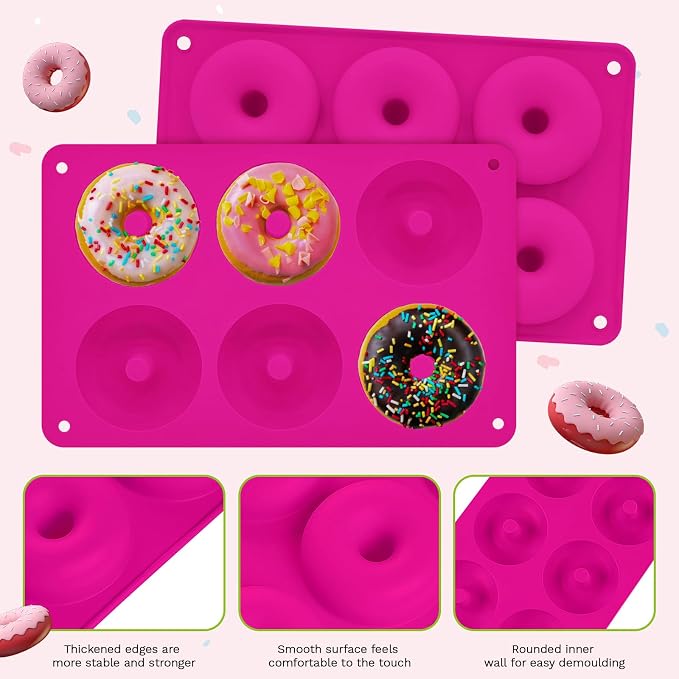 2er Pack Silicone Donut Mold - Non-Stick Silicone Doughnut Pan DIY Chocolate Baking Cookie Molds, Heat Resistant, Make Donut Cake Biscuit Bagels, BPA Free Dishwasher Safe (rose red, 6 Cavities)