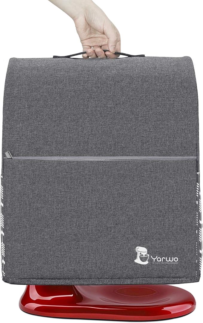 YARWO Stand Mixer Dust Cover Compatible with KitchenAid Mixer 6-8 Quart | Top Handle, Side Pockets for Kitchen Supply, Dust-proof Protective Cover for Bowl-Lift 5.5/6/7 qt, Washable, Gray with Arrow