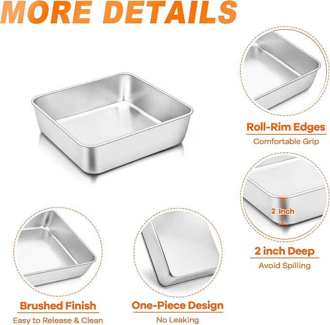 TeamFar 6 Inch Square Cake Pan, Stainless Steel Square Baking Pan for Lasagna Cake Brownie, Healthy & Heavy Duty, Dishwasher Safe & Easy Clean, Brushed Surface & Smooth Edge, Set of 2