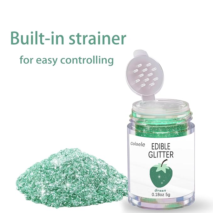 Green Edible Glitter Glimmer Powder for Cakes Drinks - Colaele 5 grams Food Grade Luster Dust Metallic Food Decorating Sprinkle Disco Brew Dust for St. Patrick Decorations Wine Beverage Dessert, Vegan
