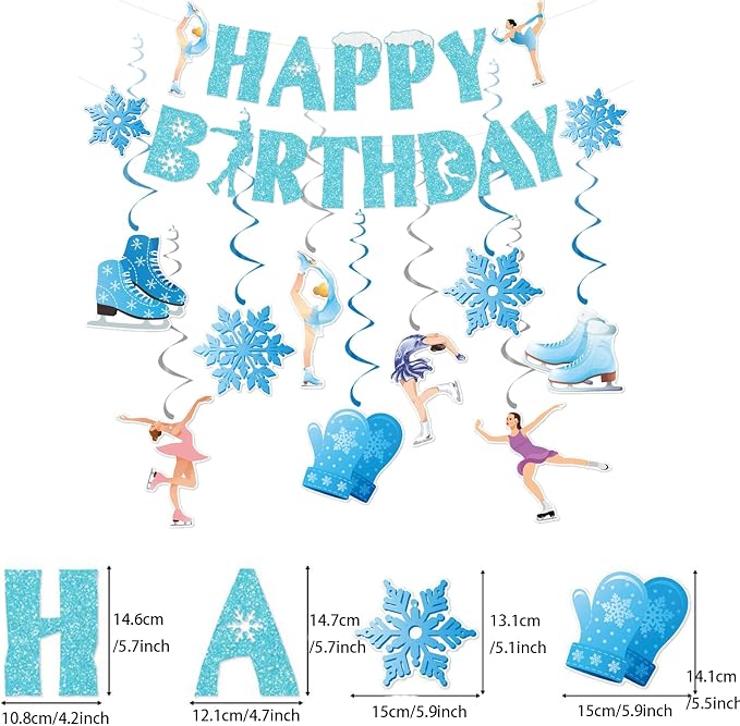 Zwiebeco Ice Skating Happy Birthday Banner Bunting Hanging Paper Swirls Garland Party Decorations for Baby Shower Winter Snowflake Themed Snow Princess Girls Women Bday Decor Accessories Supplies