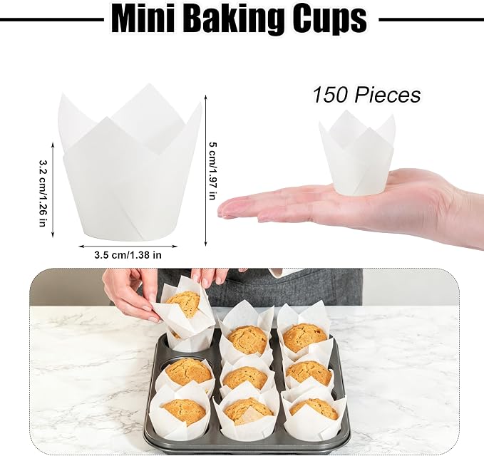Ruisita 150 Pcs Mini Cupcake Liners Muffin Liners Baking Cups | Tulip Cupcake Liner for Baking Wedding, Birthday, Baby Shower Parties, White