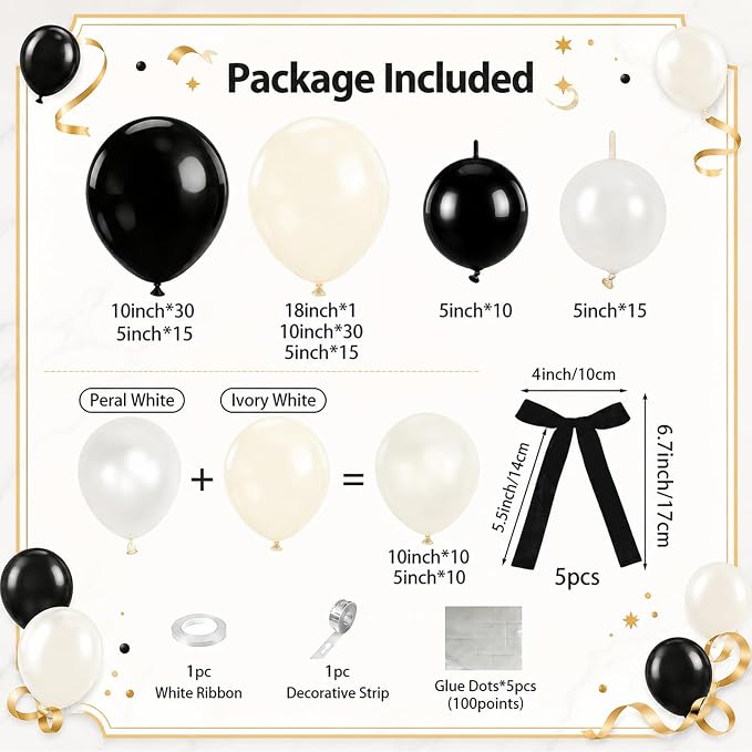 Black Bow Balloon Arch Kit, Double Stuffed Black White Bow Coquette Birthday Decorations for Bachelorette Bridal Shower Wedding Engagement Prom Party Decorations with Pre-Tied Bows