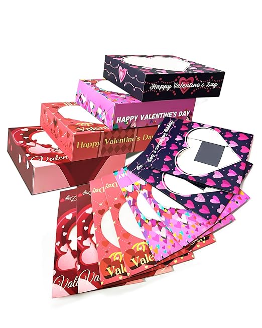 qiqee Auto-pop Up Valentine 12pcs Pie Boxes 10x10x2.5 inches Easy Assemble Macaroon Cookie Bakery Boxes with Window for Valentine's Day