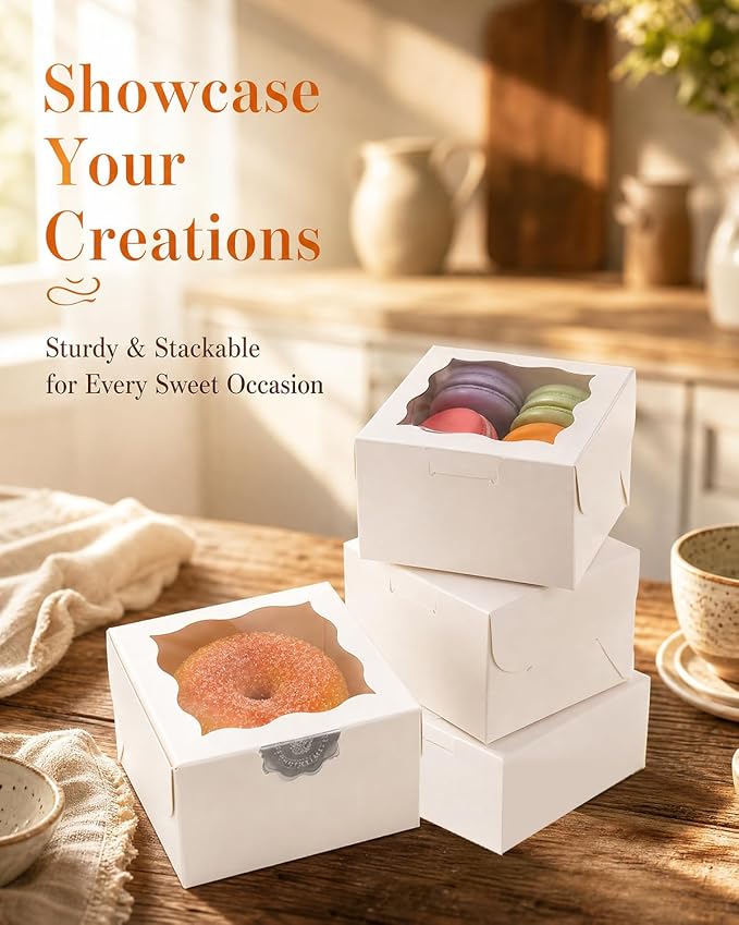 Bakepacker 400pcs White Bakery Boxes with Window 4"x 4"x 2.5" Thick & Cookie Boxes & Sturdy Macaroon Pastry