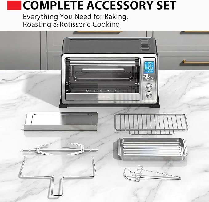 TOSHIBA 10-in-1 Convection Toaster Oven, 6-Slice Countertop Oven, 1500W with Toast, Bake, Broil, Rotisserie & Pizza Functions, LCD Knob Controls, 6 Accessories, Stainless Steel