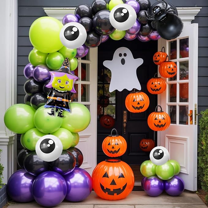 Halloween Balloons Arch Kit, Green Purple Balloon Garland with Foil Balloon Witch Spider Eye Metallic Purple Black Latex Balloons for Horror Halloween Birthday Party Decorations