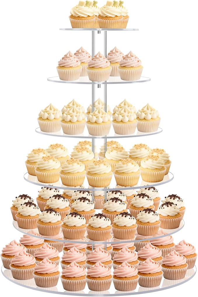 Cupcake Stand for 80 cupcakes, Acrylic, Large, Round, 6 Tier, Easy Assembly, Clear, for Wedding,Birthday, Party, Baby Shower