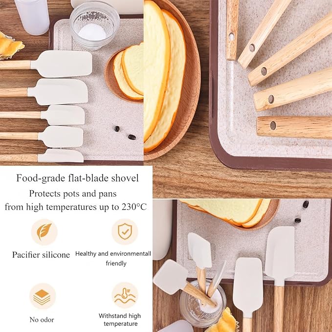 Silicone Spatula Set 5-Piece, Food Grade Heat Resistant 600°F, Wooden Handle Kitchen Utensils for Non-Stick Cookware, BPA Free Baking & Cooking Scraper Set (White)