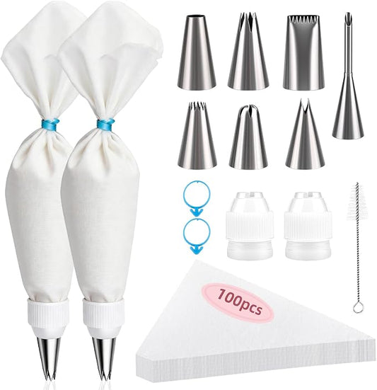 Cleangor Piping Bags and Tips Set, 16 Inch 114 Pcs Cake Decorating Kit with 100 Disposable Icing Bags, 2 Reusable Pastry Bags, 7 Stainless Steel Frosting Tips, 2 Couplers, 2 Bag Ties and 1 Brush