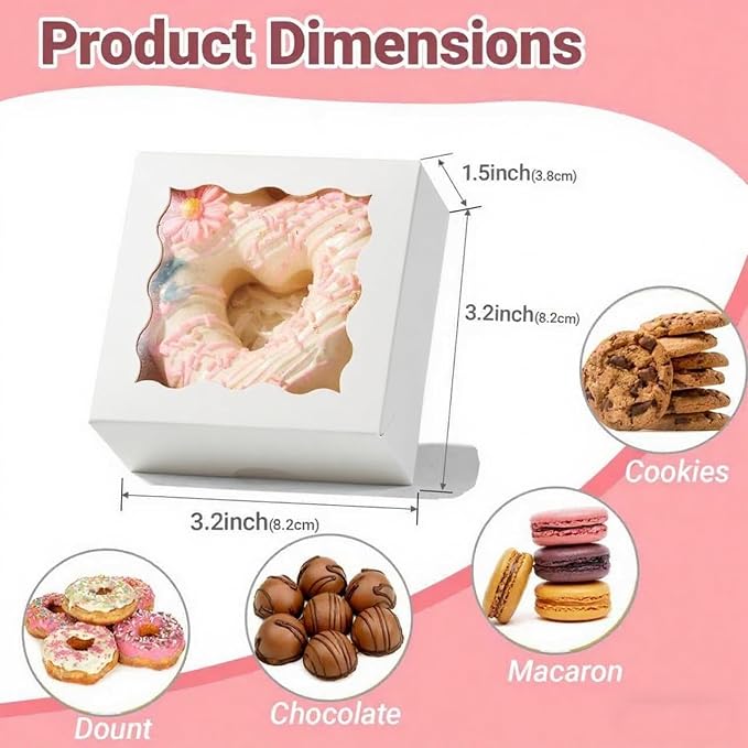 3.2x3.2x1.5 Inches 50PCS Mini Bakery Boxes with Window for Cookies, Soap, Chocolate Truffle, Donut, Macaron(White)