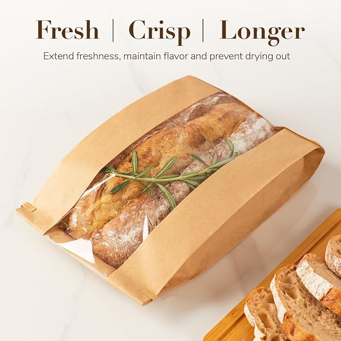 200 Pack Long Paper Bread Bags with Tabs for Homemade Sourdough, Resealable Bakery Bags with Window for Oval Sourdough Bread, Loaves, Pastries, Baguettes (6.3x2.7×13.7 Inches)