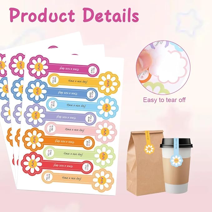 300Pcs Flower Shape Long Label Bakery Stickers Self Adhesive Tamper Evident Seal for Gift Wrapping Pastry Bags Baking Packaging