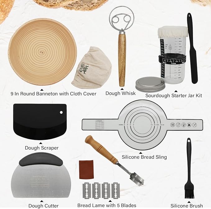 Loft & Grove Sourdough Starter Kit – Complete Bread Baking Kit with 9” Banneton Proofing Basket, 34oz Starter Jar with Feeding Tracker, Dough Whisk, Bread Lame – Beginner Sourdough Baking Supplies