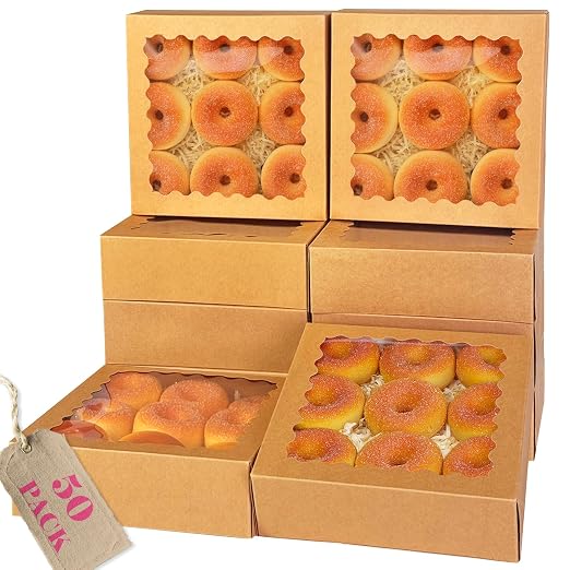 qiqee 10"x 10"x 2.5" Brown Pie Boxes with Window 50Packs Cookie Donut Bakery Box (Auto-pop Up)