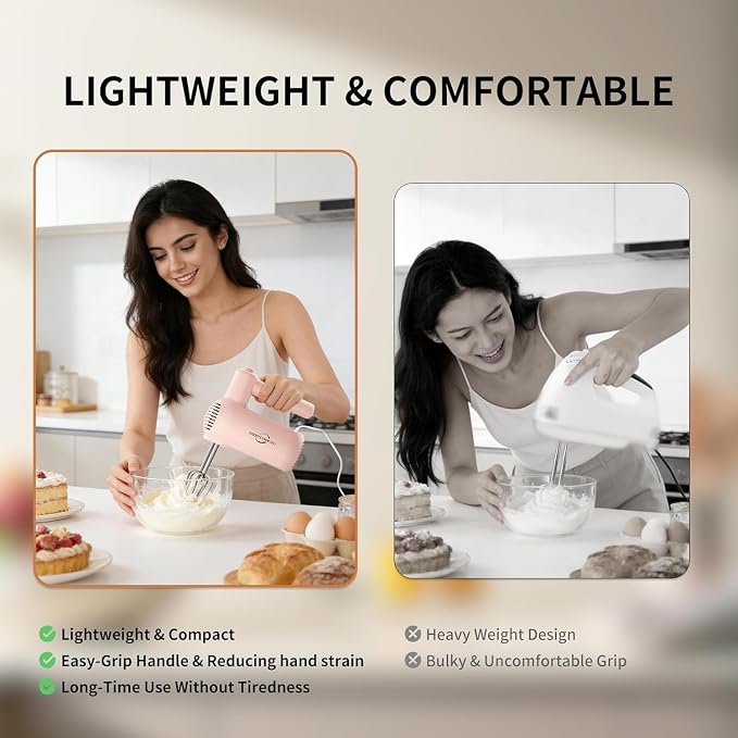 Electric Hand Mixer, 5-Speed Handheld Mixer for Baking Cakes, Eggs, Cream, 150W Turbo Boost Kitchen Mixer, Pink, Gifts for Women Mother