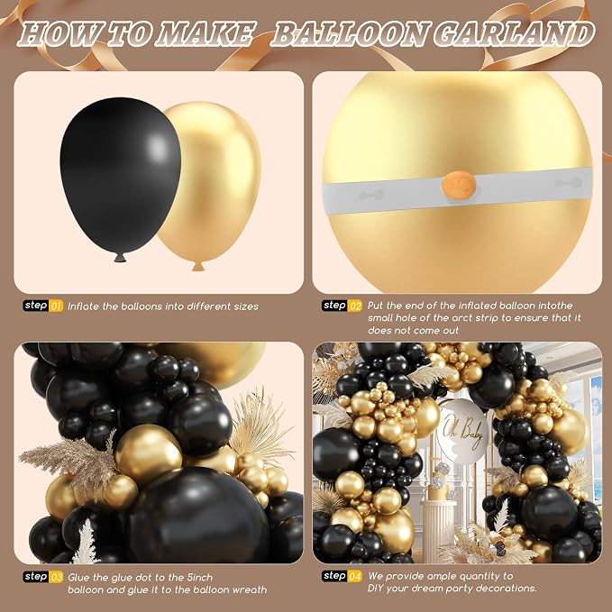 412Pcs Black and Gold Balloons Garland Arch Kit,18 12 10 5 Inch Different Size Black and Metallic Gold Balloons for Graduation Birthday Wedding Party Decorations