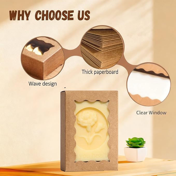 JCXGRVC 100PCS 3.5"x2.36"x1.2" Brown Soap Boxes with Window Homemade Soap Packaging, Small Gift Boxes for Bakery, Macarons, Cookies, Candies & Party Favors