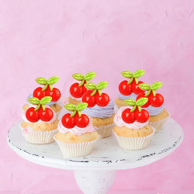 30 PCS Cherry Cupcake Toppers Red Sweet Cherry Cupcake Picks Fruit Theme Cupcake Decorations for Cherry Theme Baby Shower Kids Birthday Party Cake Decorations Supplies
