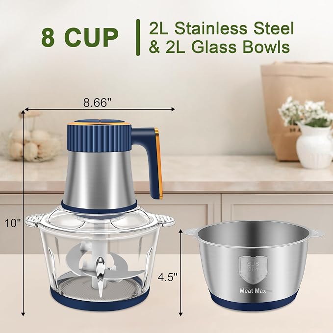 Food Processor, 5-Speed Food Chopper, Electric Meat Grinder, Blue | 2 Bowls (8 Cup+8 Cup) & 2 Sets of Blades, Meat Processor for Meat, Vegetables, Fruits and Nuts