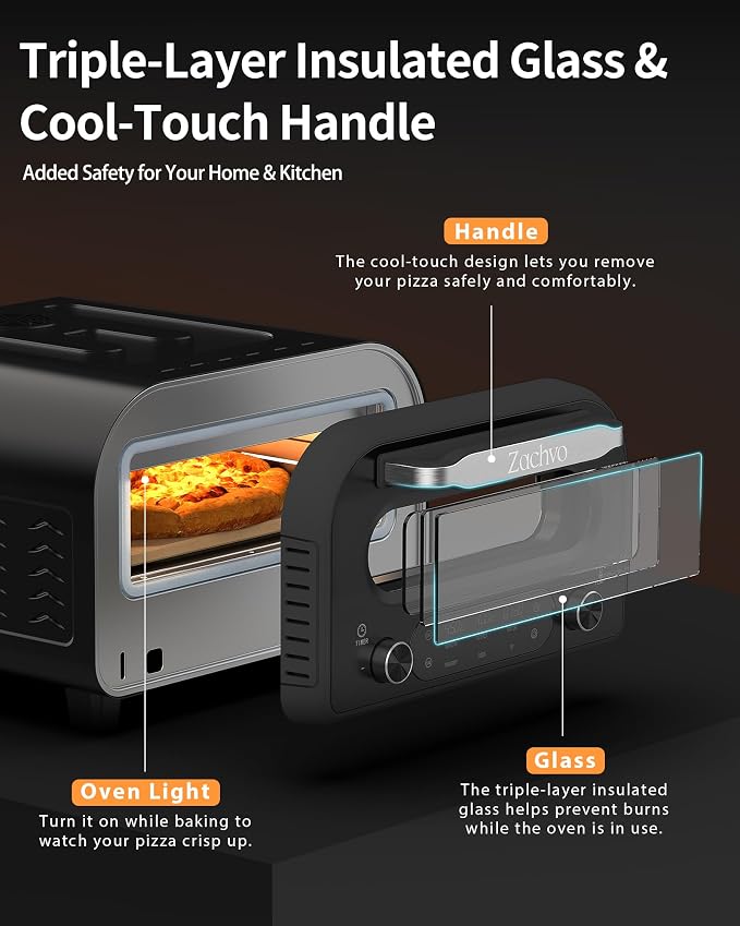 Countertop Electric Pizza Oven, 850°F, 6 Presets with DIY, Stainless | 90-Second 12 Inch Pizza, PID Top & Bottom Temp Control, Dual Knobs for Time & Temp, Always-On Light for Home Pizza Nights