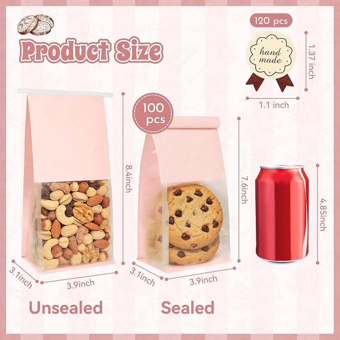 100 Cookie Bags with Seal, Resealable Bakery Bags with Window, Pink Paper Treat Bags for Packaging Pastry, Muffin, Cookie, Baked Goods, Included 120 Handmade Stickers