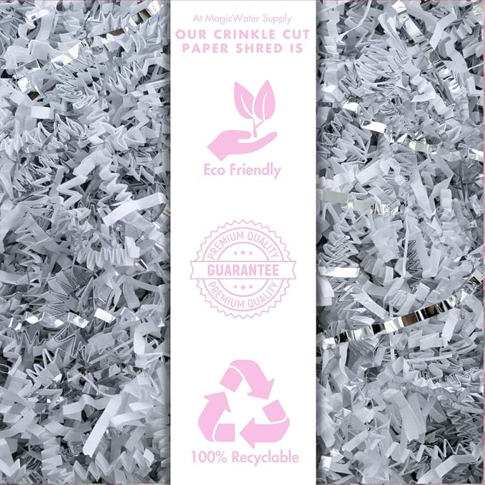 MagicWater Crinkle Cut Paper for Gift Baskets - 2LB - White & Silver - Perfect for Shredded Paper Filler, Basket Filler, Gift Boxes, Christmas Gifts, Christmas Stuffers & More – for All Occasions