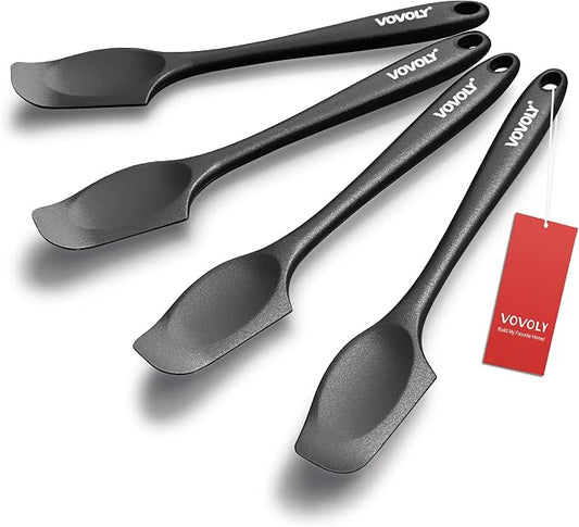 Silicone Mini Spatulas, Curved Small Spatula with Shallow Bowl for Kitchen, Seamless Jar Scraper for Cooking Baking, Wet Pet Food Spatula, 8.2 IN, 4 Pack, Black