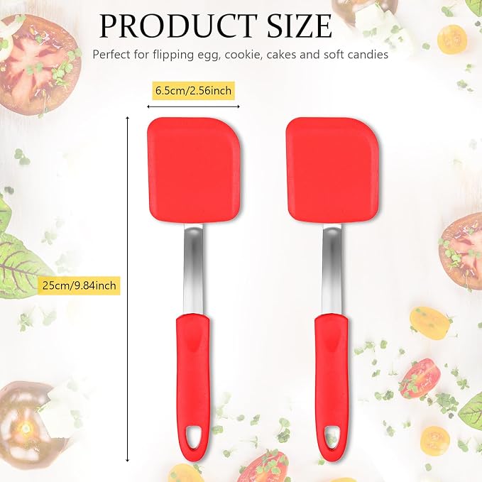Silicone Cookie Spatula Turner 2 Pack Mini Brownie Spatula Flexible Kitchen Small Silicone Turner for Nonstick Cookware Heat Resistant No Scratch Flipper for Pancake(Solid Flat,Red)