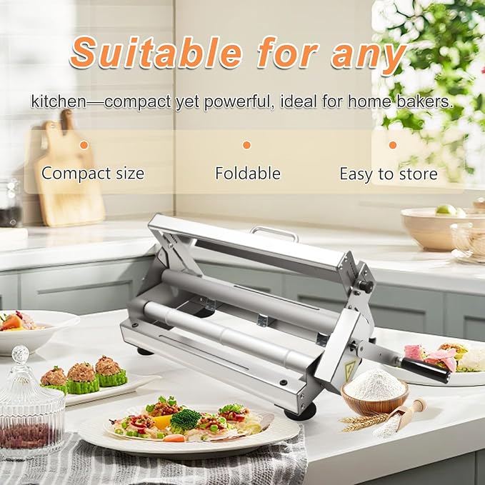 Folding Dough Rolling Machine，Stainless Steel Counter Top Dough Sheeter，Manual Dough Sheeter for Thicknesses from 0 to 25 mm, for Croissants, Pizza,Pasta, Pastry, Fondant,Puff (15in)