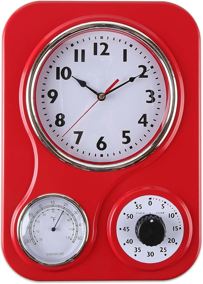 Lily's Home - 9 Inch x 12.5 Inch - Retro Kitchen Wall Clock, Vintage Wall Clock with a Thermometer and 60-Minute Timer, Ideal for Any Kitchen, Office, or Diner (Red)