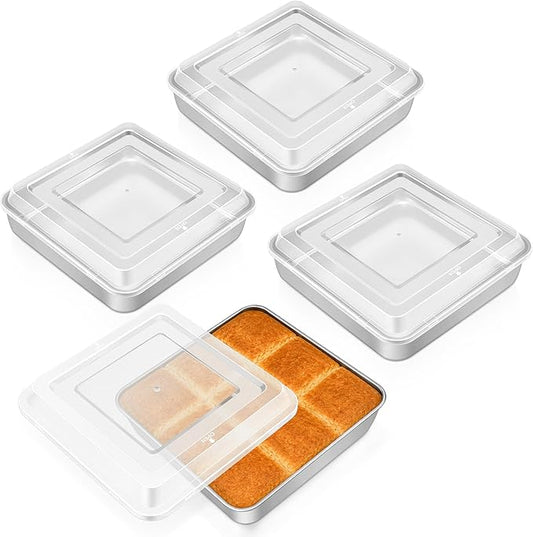 Leonyo Stainless Steel 9x9 Baking Pan with Lids, 4 Set 9IN x 9IN Metal Square Cake Pans with Lids, Commercial Brownie Pans Baking Dish for Lemon Bars, Dishwasher Safe(Except for Plastic Lids)